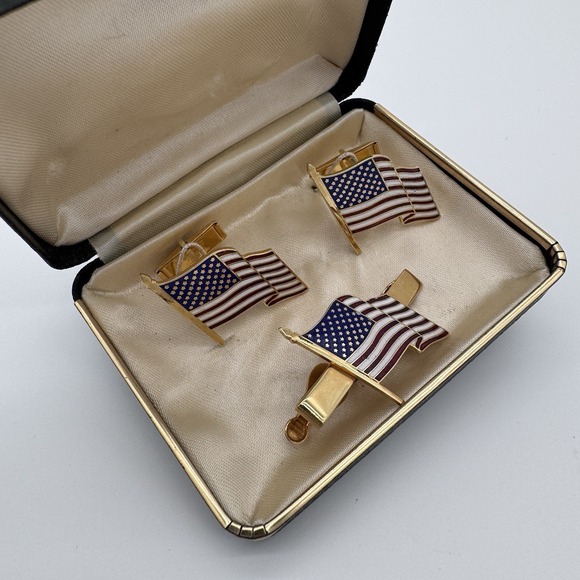Vintage US American Flag Enamel Cuff Links Tie Tack USA Unbranded Gold - Picture 3 of 11